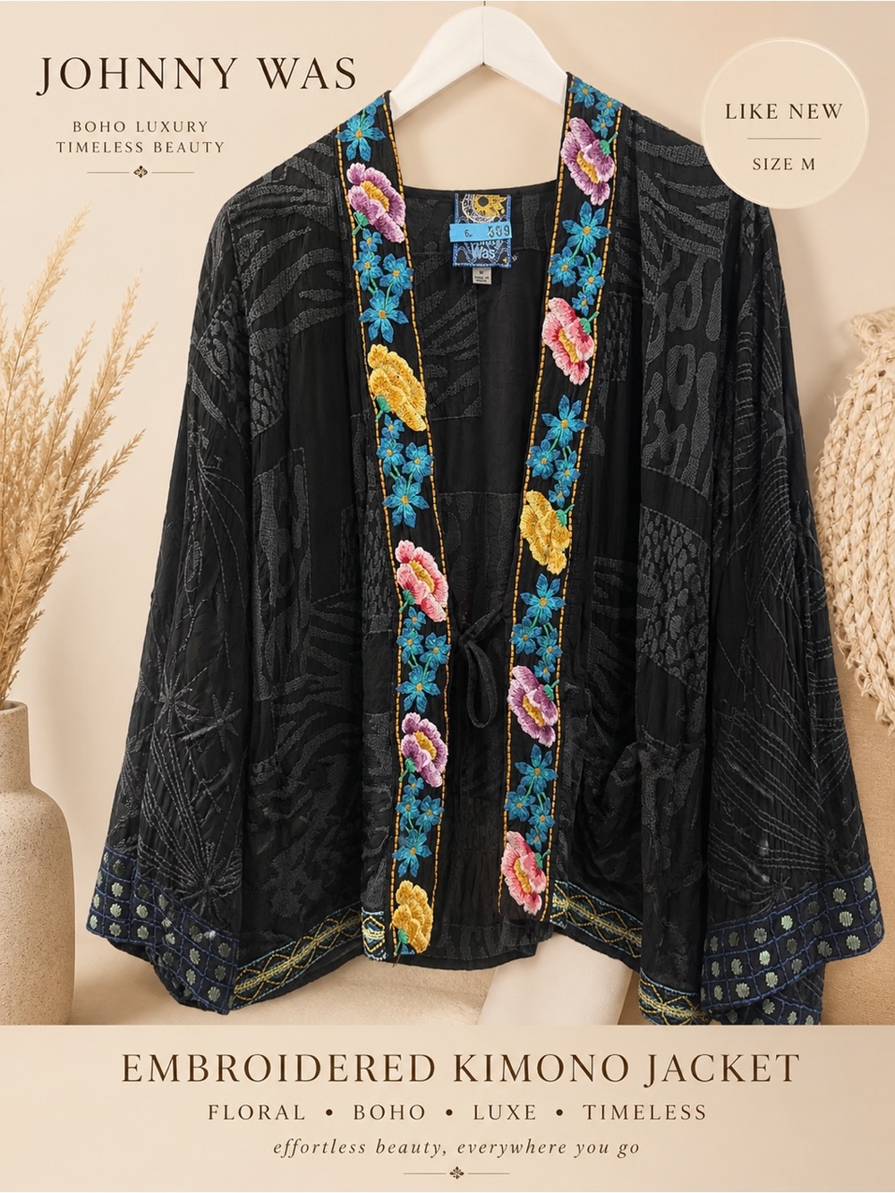 Johnny Was Silk Embroidered Kimono Jacket | Luxe Boho Statement | Size